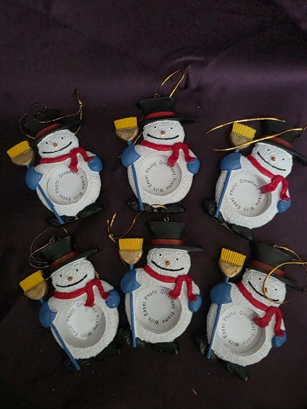 Set of 6 Christmas Snowman Picture Frame Ornaments Hand-Painted NWT